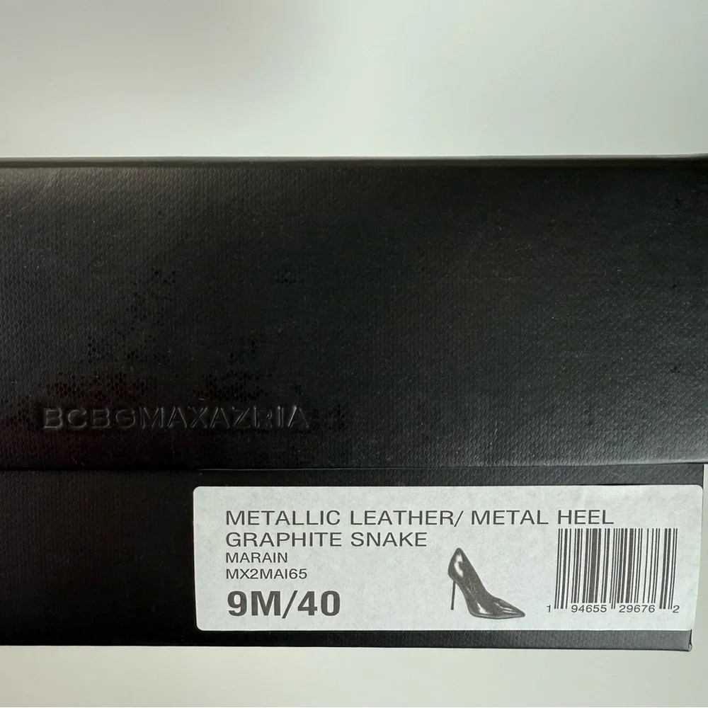 BCBGMAXAZRIA Marain Metallic Leather Metal Heel Graphite Snake Stiletto Size 9 - Picture 2 of 13